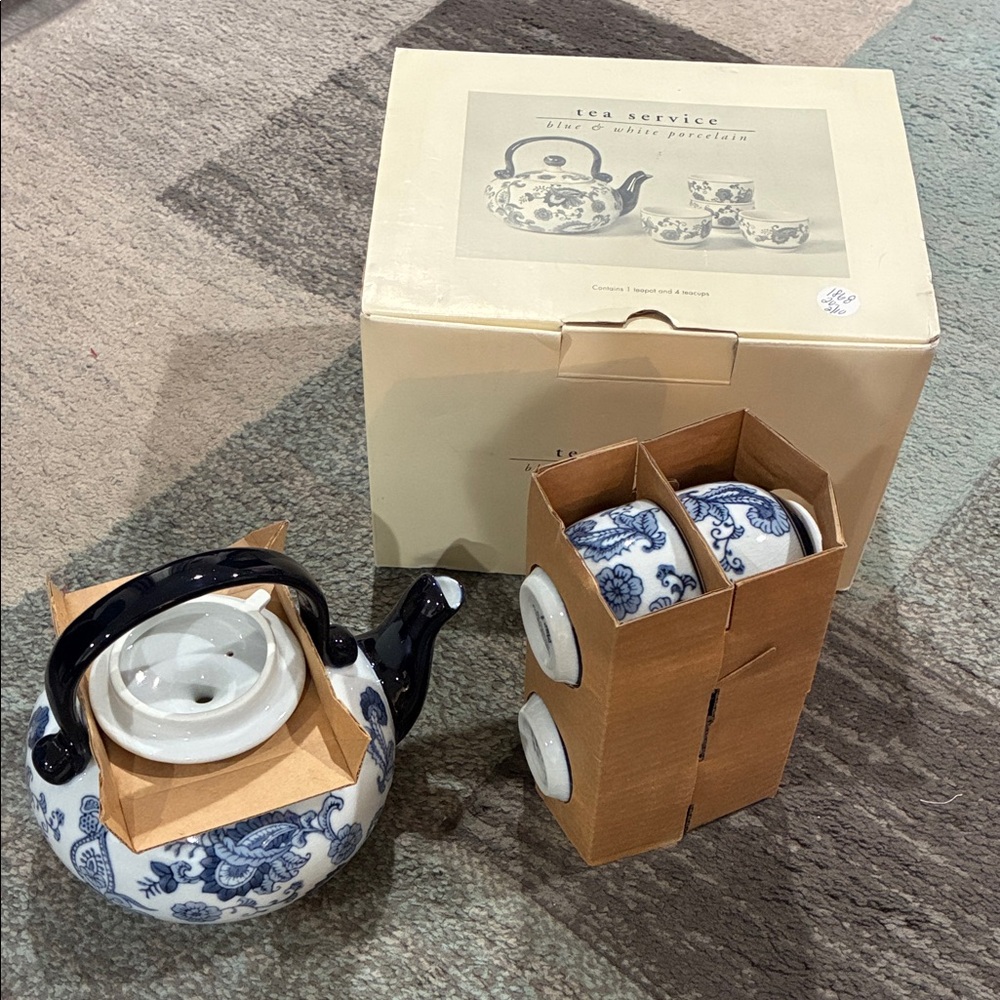 Pier 1 Blue and White Porcelain Tea Set with Black Handle